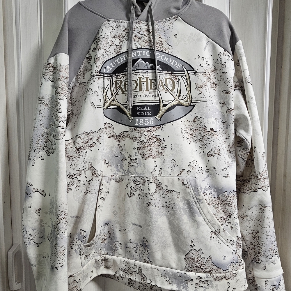 RedHead Mens Tundra Camo Graphic Hoodie Gray White Antler Pullover Medium